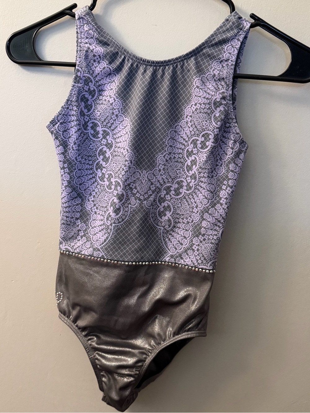 Sylvia P Lilac Lace Print Metallic Gray Gymnastics Leotard